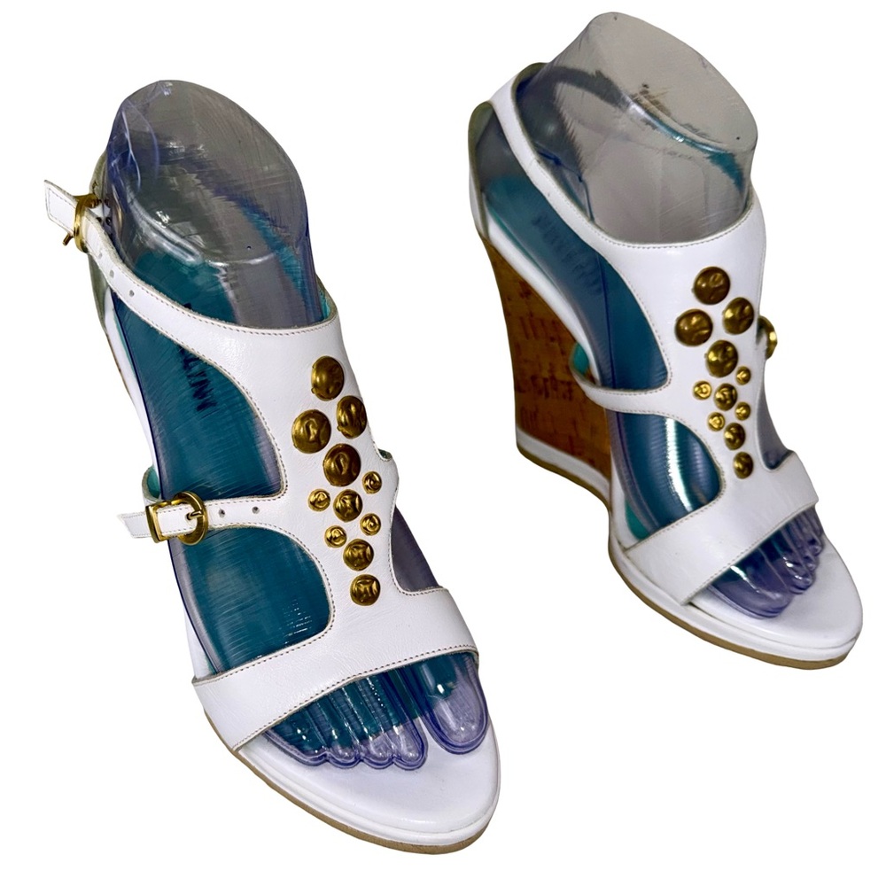 STUDIO POLLINI WHITE LEATHER WEDGE SANDALS